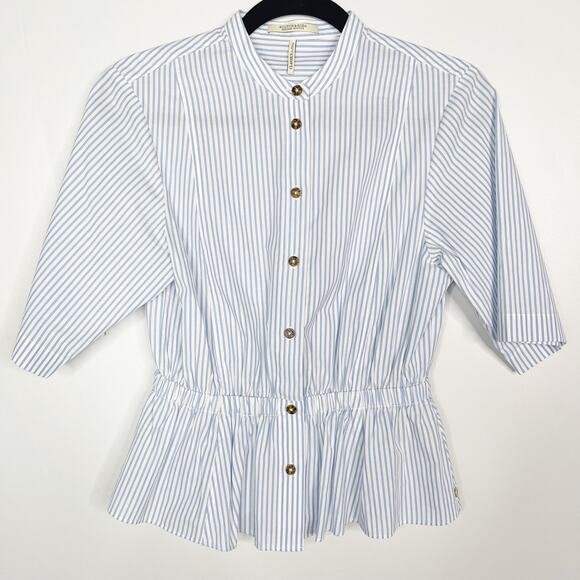 Scotch & Soda Womens Small Blue White Striped Gathered Waist Button Down Blouse - Picture 1 of 13